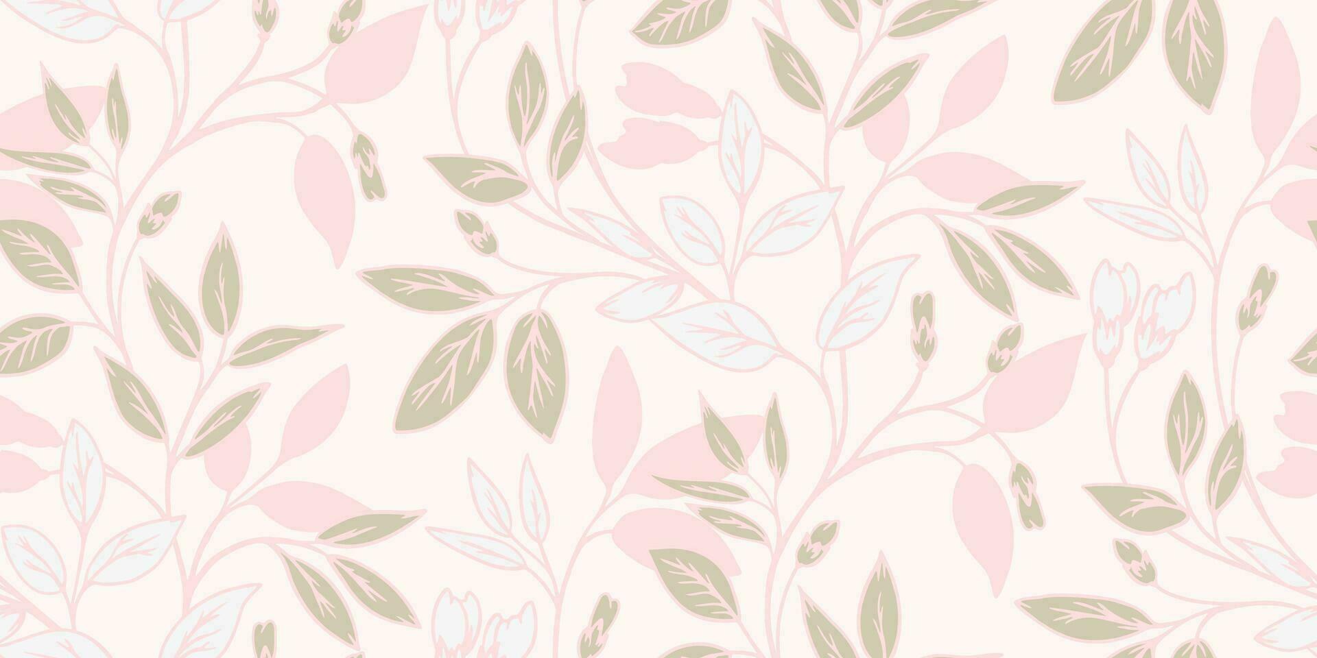 Monotone pastel seamless pattern with creative, stylized branches leaf. Vector hand drawn. Floral stem with leaves light print. Template for design