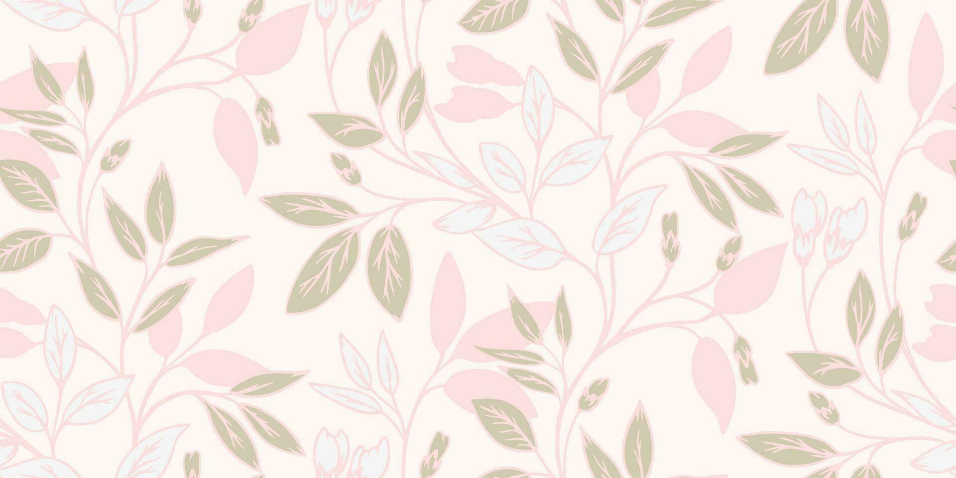 Monotone pastel seamless pattern with creative, stylized branches leaf. Vector hand drawn. Floral stem with leaves light print. Template for design