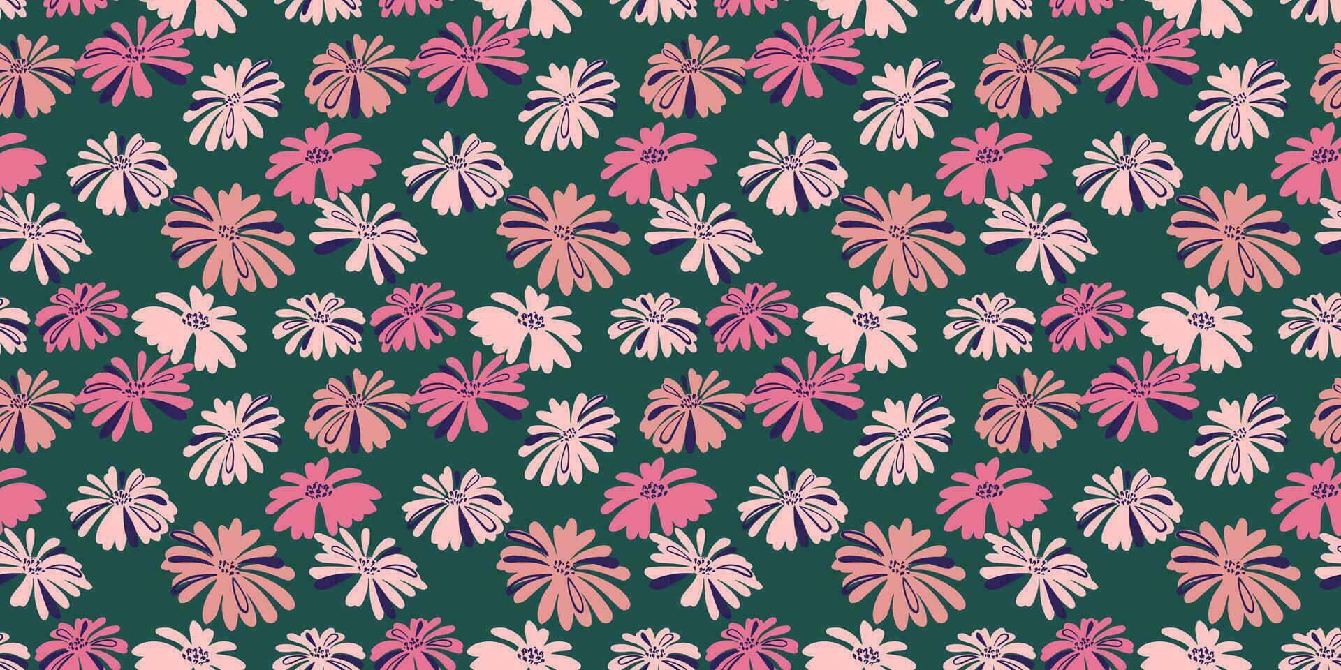 Retro seamless background. Colorful summer pattern. Hand-drawn trendy, abstract, simple shape  flowers on a green background. Vector design ornament for wallpaper, surface design, fashion, fabric