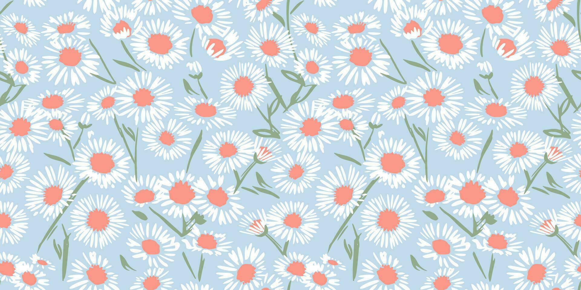 Cute white flowerschamomiles seamless pattern on a blue background. Vector hand drawn sketch. Ditsy floral. Collage contemporary print. Design ornament for fabric, interior decor, textile, wallpaper
