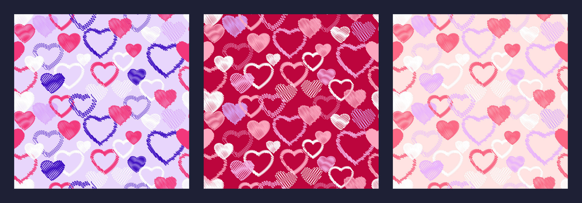 Set of patterns with colorful cute hearts. Vector hand drawn sketch ...