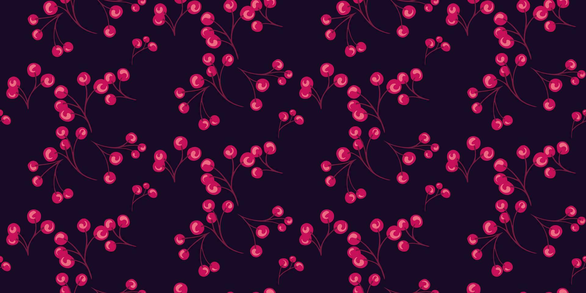 Seamless pattern with branches red berries on a dark background. Juniper, boxwood, viburnum,  barberry. Botanical illustration. Vector hand drawn sketch. Template for textile, fashion, print.
