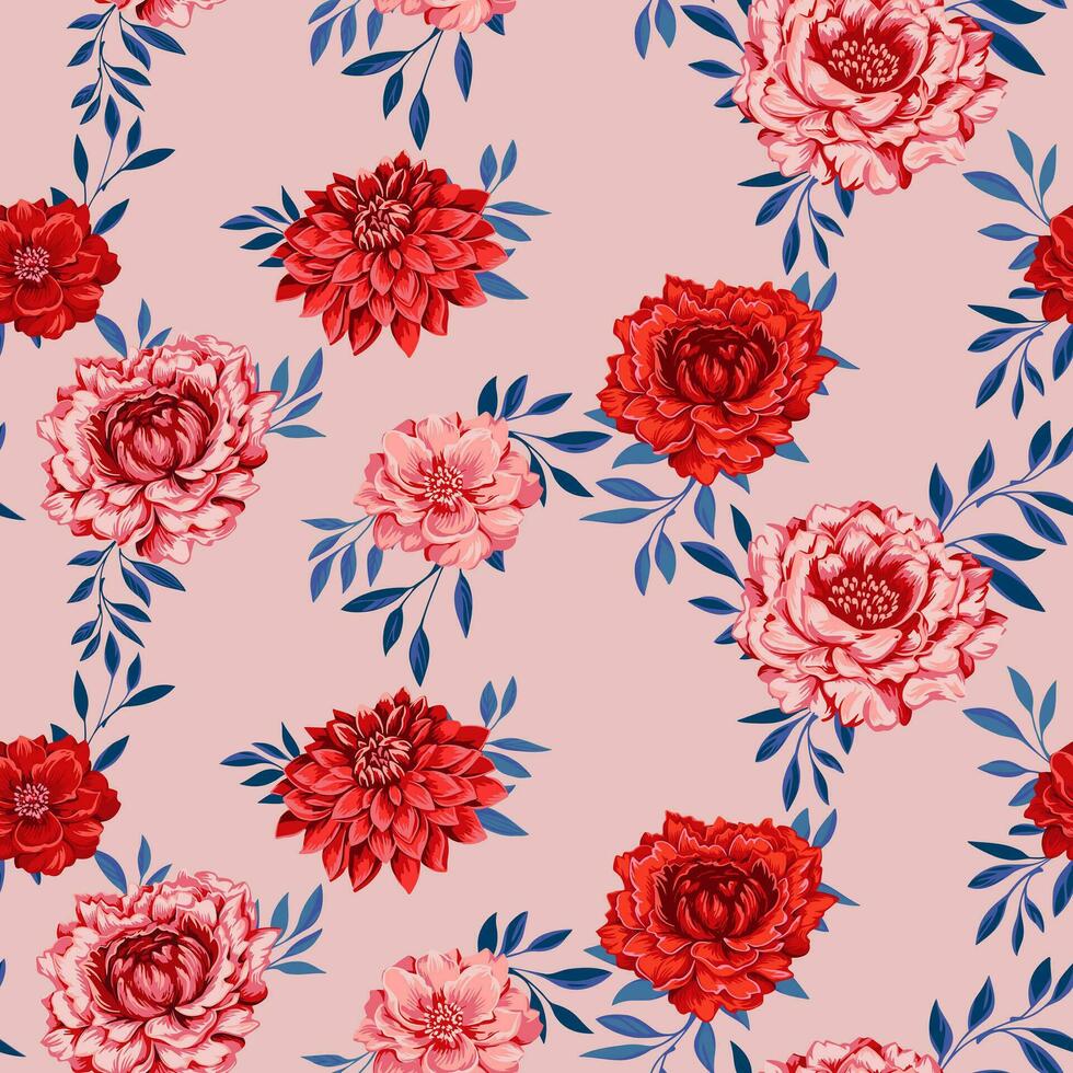 Seamless pattern with blooming , beautiful  flowers and leaves. Vector hand drawn floral. Red peonies and leaves on a beige background.