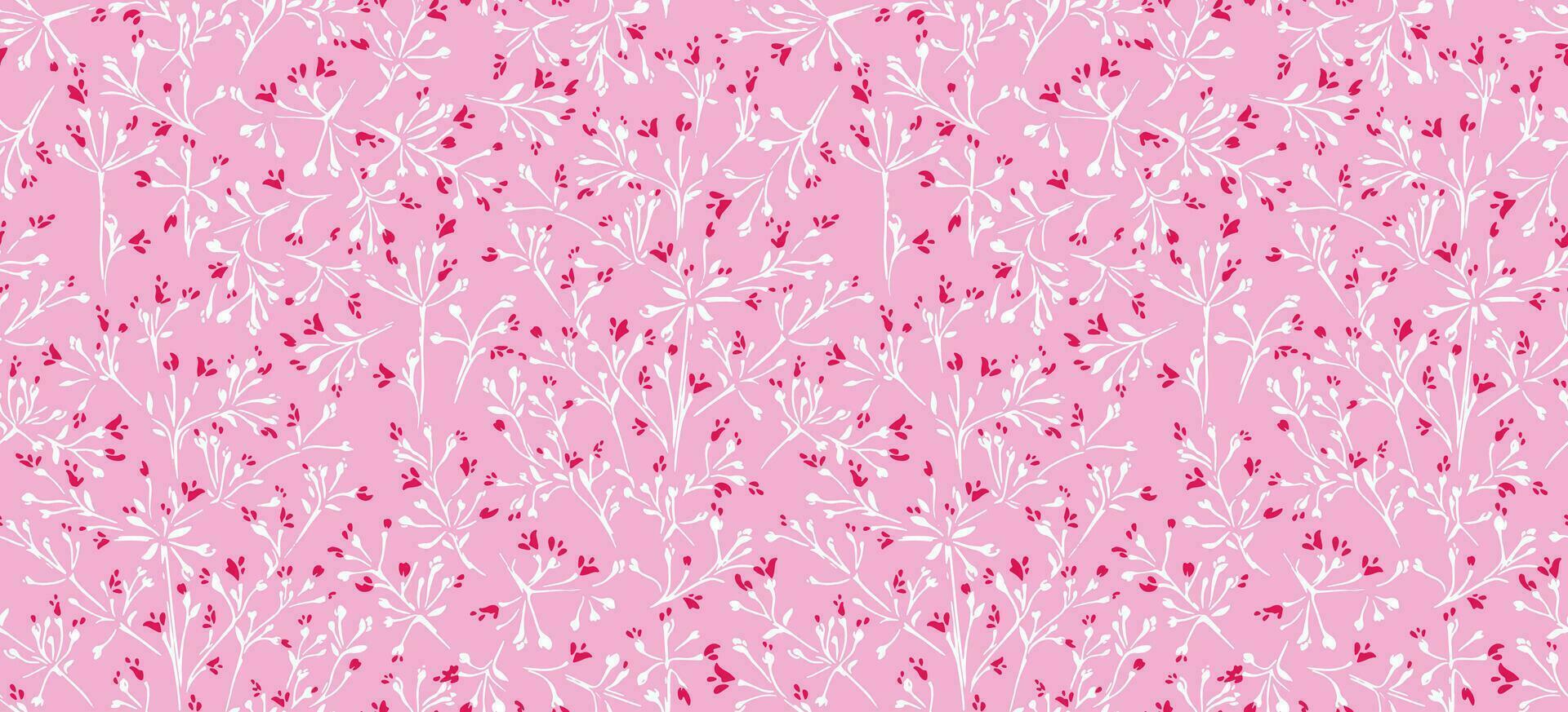 Seamless abstract, simple, tiny  flowers pattern. Vector hand drawn red shapes, spots, dots, white branches on a pink background. Template for fashion, fabric, design, textile