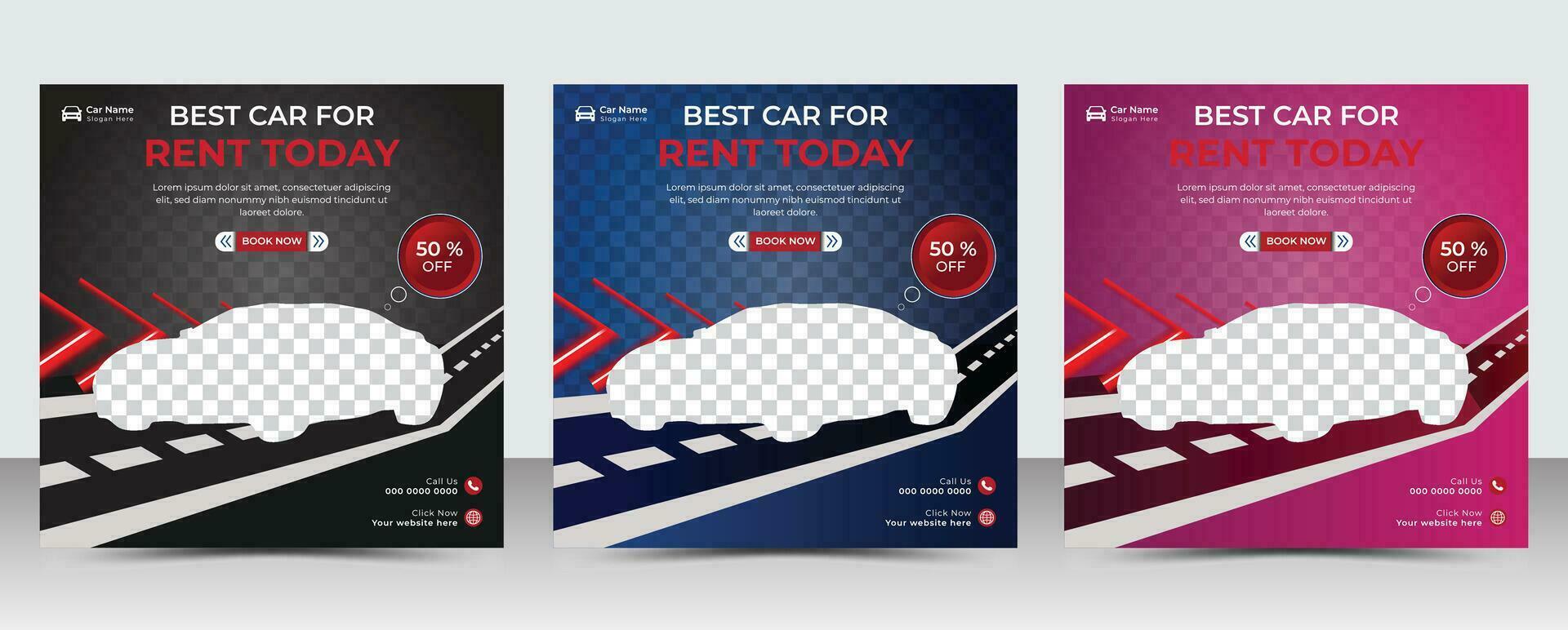 Set of editable square banner template. Car rental banner with black, 3 color background. Flat design vector with photo collage. Usable for social media, story and web internet ads.