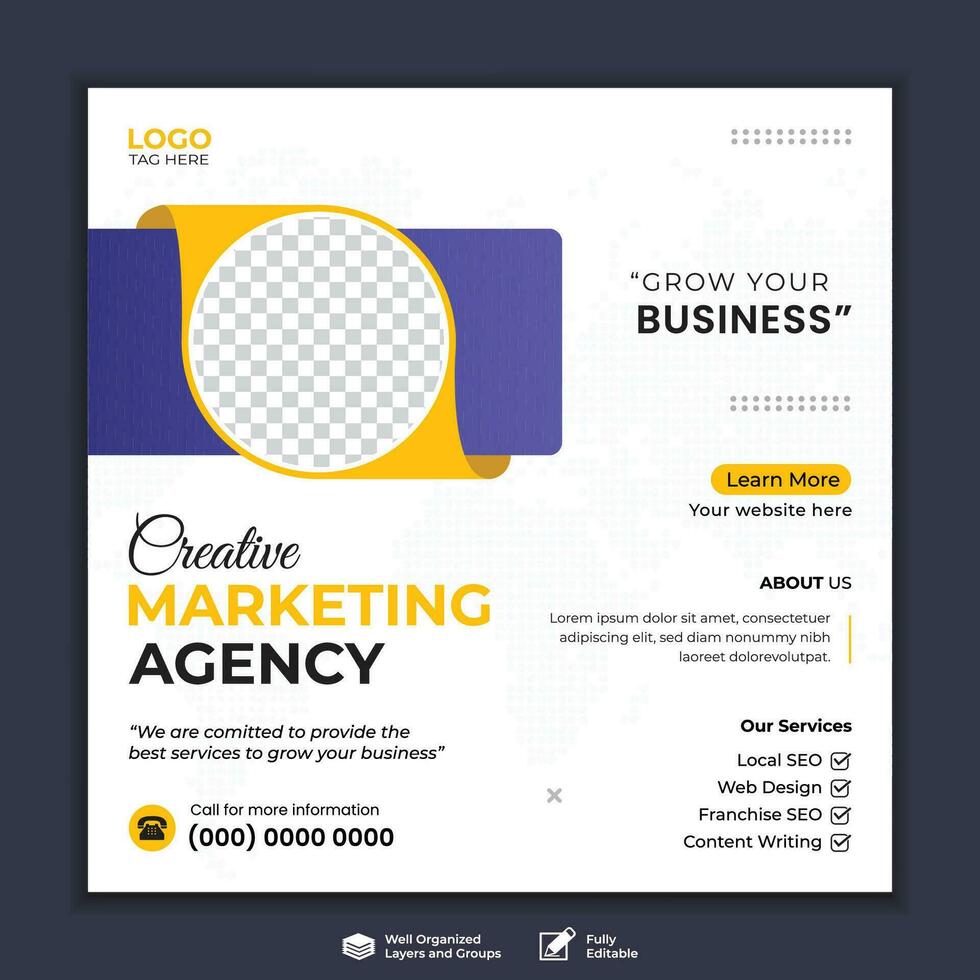 Business marketing agency promotion social media post template. Editable square banner design with place for the photo. vector