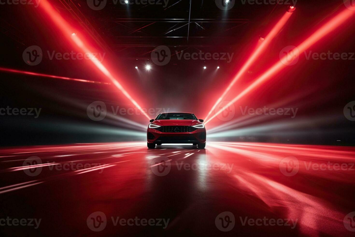 AI generated Modern red car in a tunnel, blurry tunnel light. Generated by artificial intelligence photo