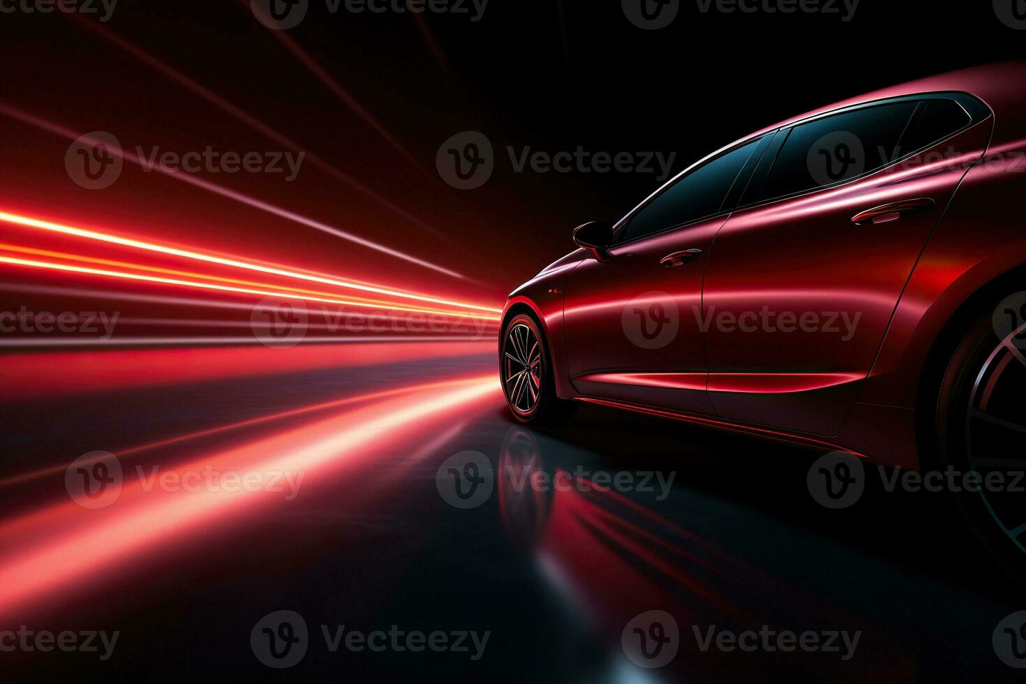 AI generated Modern red car in a tunnel, blurry tunnel light. Generated by artificial intelligence photo