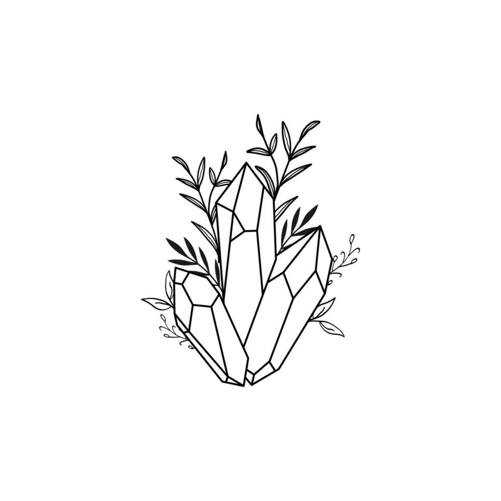 Vector line drawing graphic mystical magic with crystal and botanical leaves illustration