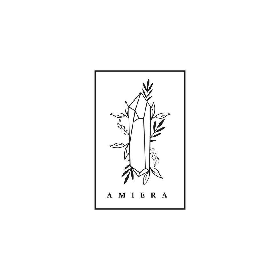 Vector line drawing graphic mystical magic with crystal and botanical leaves illustration