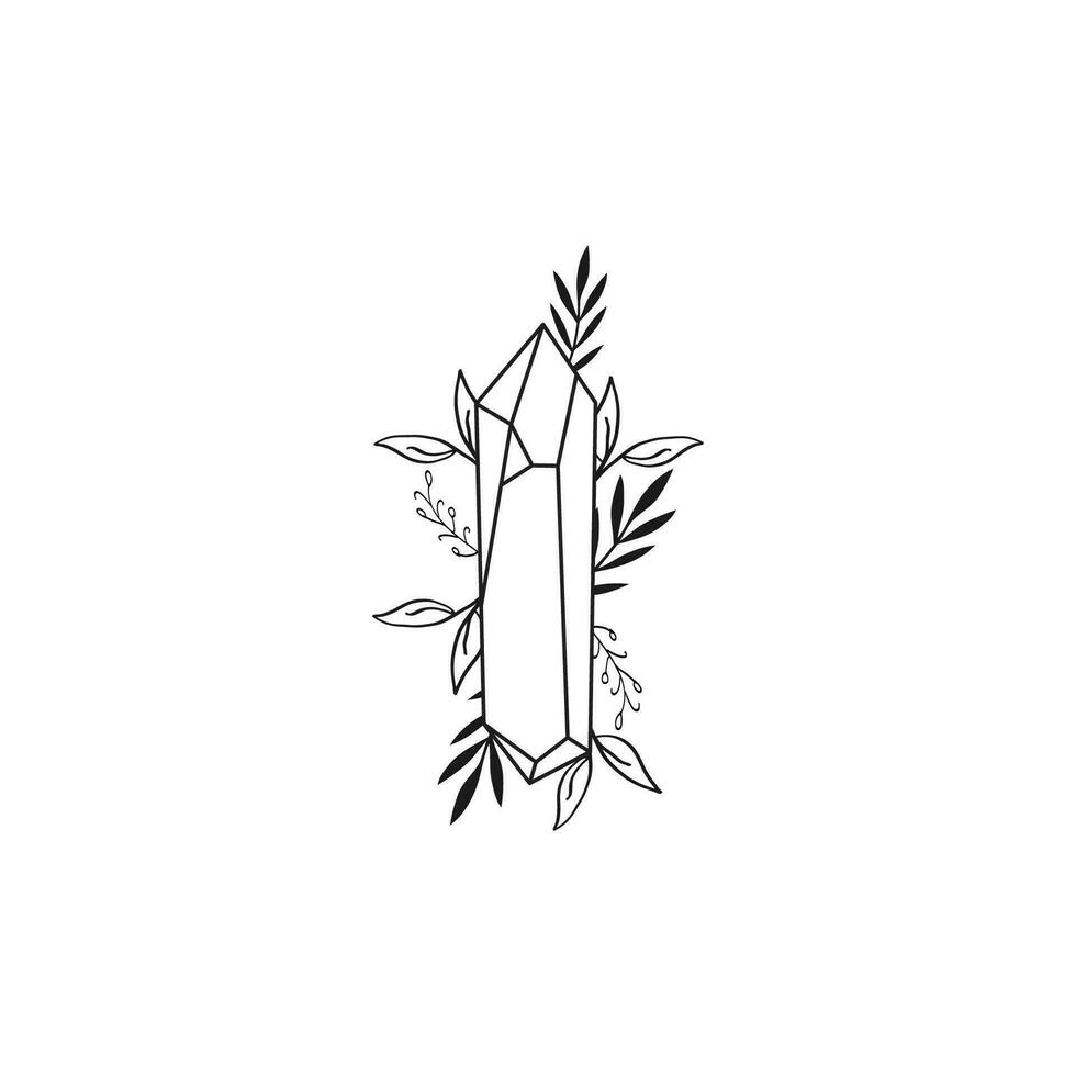 vector línea dibujo gráfico místico magia con cristal y botánico hojas ilustración