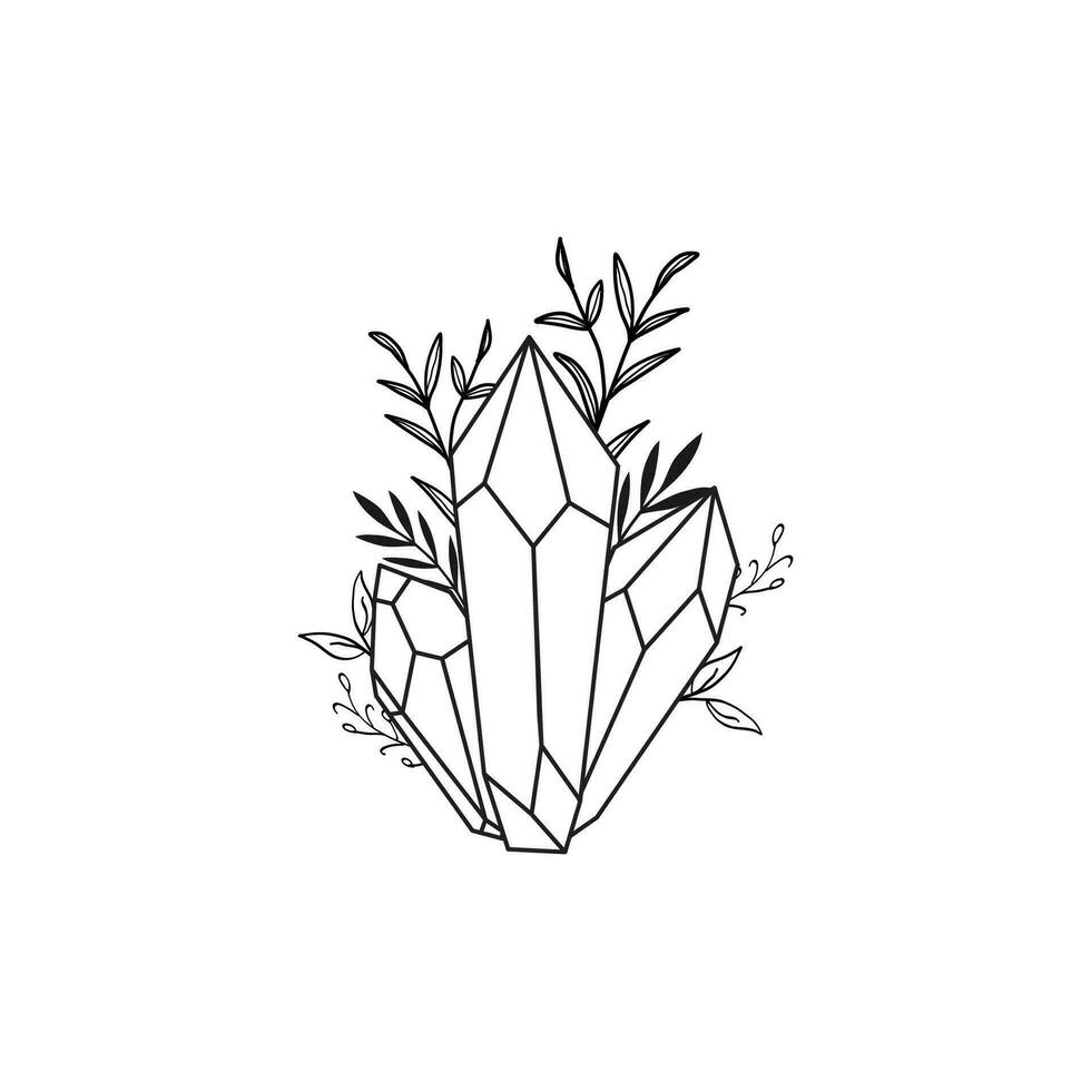 Vector line drawing graphic mystical magic with crystal and botanical leaves illustration
