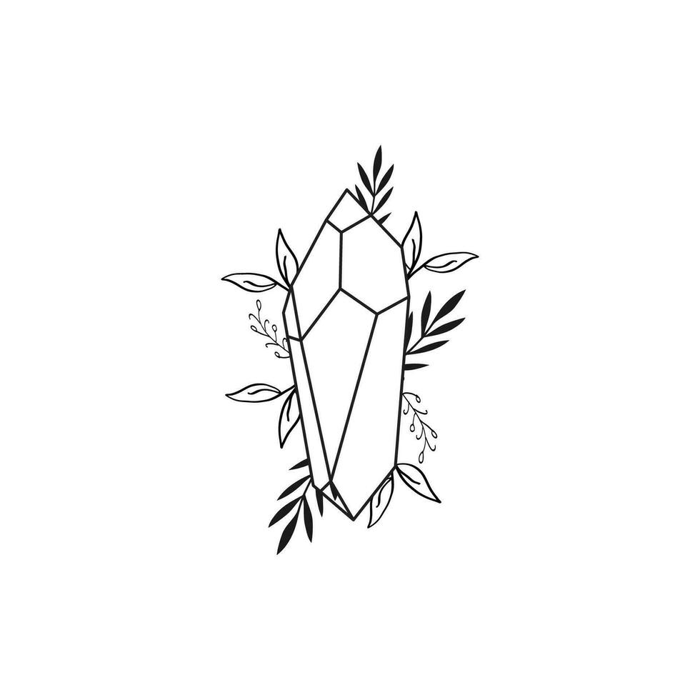 Vector line drawing graphic mystical magic with crystal and botanical leaves illustration