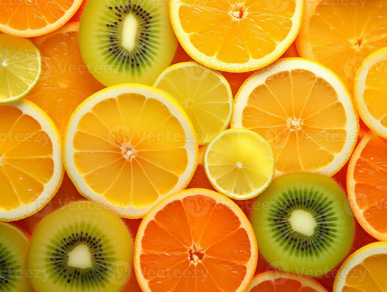 background of cut pieces of orange, lemon, kiwi photo, AI Generative photo