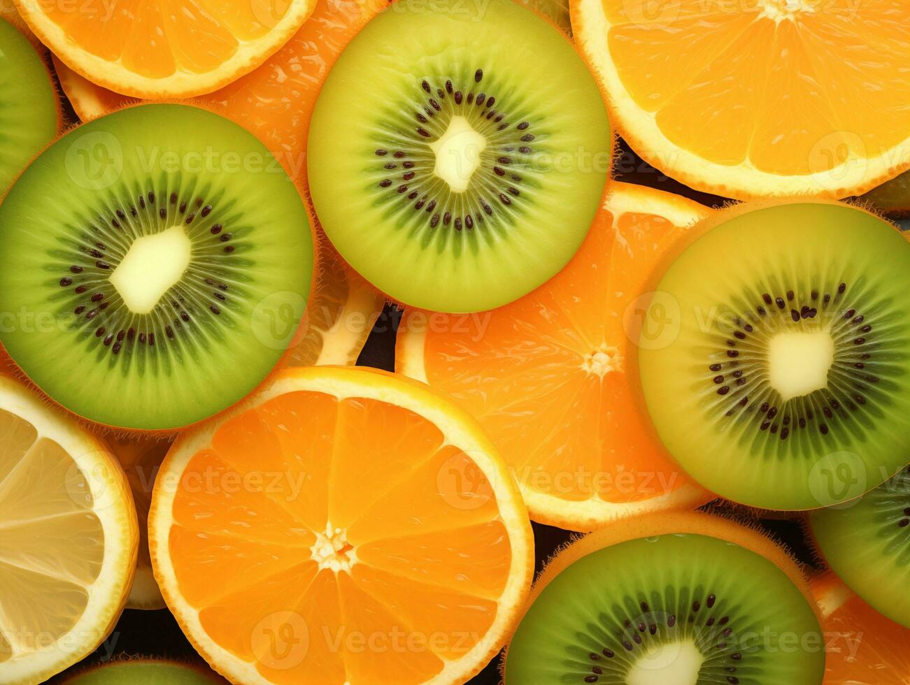background of cut pieces of orange, lemon, kiwi photo, AI Generative photo