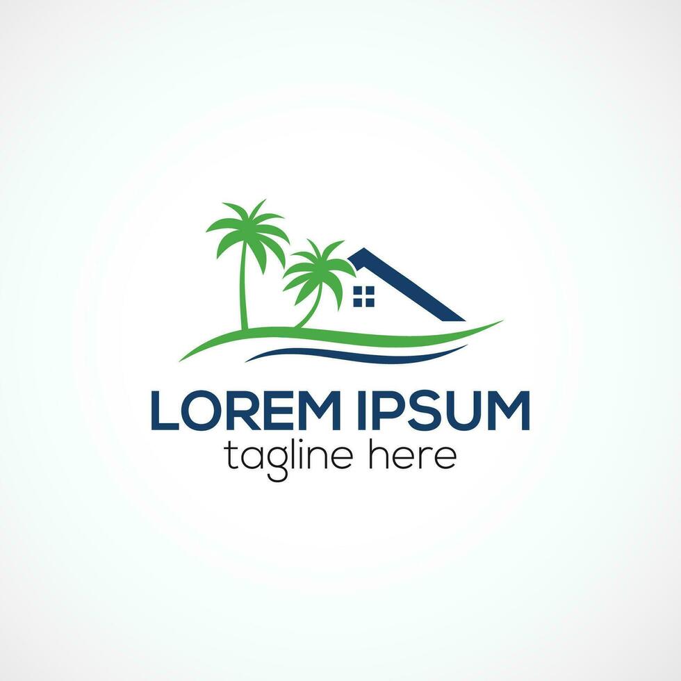 Beautiful Oasis Summer logo, Waves Beach logo with Calm Palm Trees Vector Template