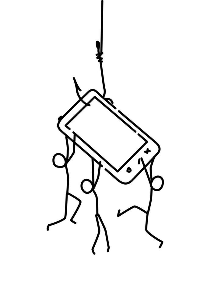 Illustration of little men on a pen. Vector. Smartphone as bait. Dependence on the phone and the Internet. Linear style. Illustration for website or presentation. Security online. vector