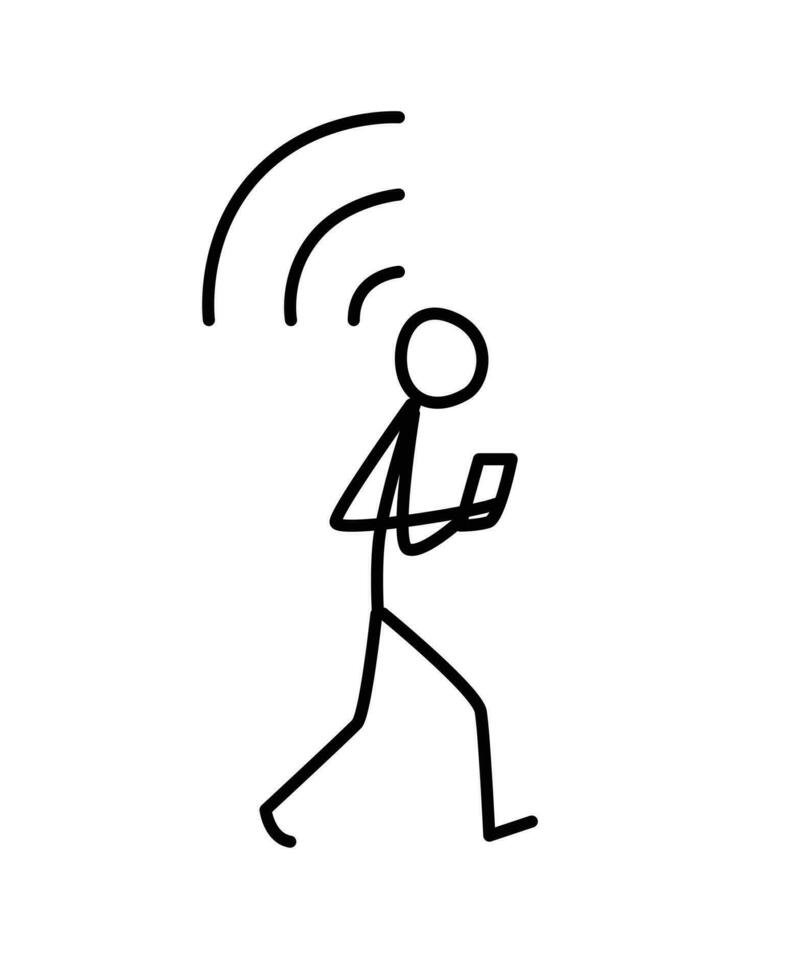 Illustration of a man walking with a phone. Vector. Connecting Wi-Fi. Metaphor. Linear style. Illustration for website or poster. Always online. vector