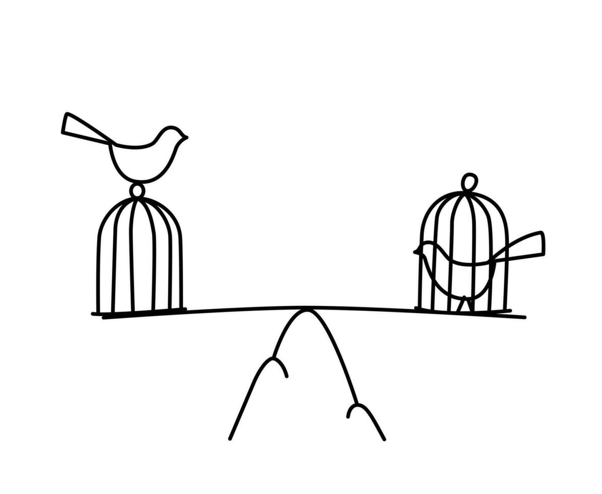 ilustración de un pájaro en un jaula y a grande. vector. libertad y prisión. el equilibrar Entre libertad y prisión. metáfora. lineal estilo. ilustración para sitio web o póster. vector