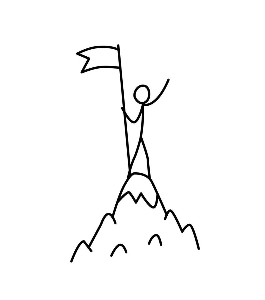 Illustration of a winner at the top of a mountain with a flag. Vector. Conquer the mountain. Metaphor. Linear style. Illustration for website or poster. Conquest of Everest. vector