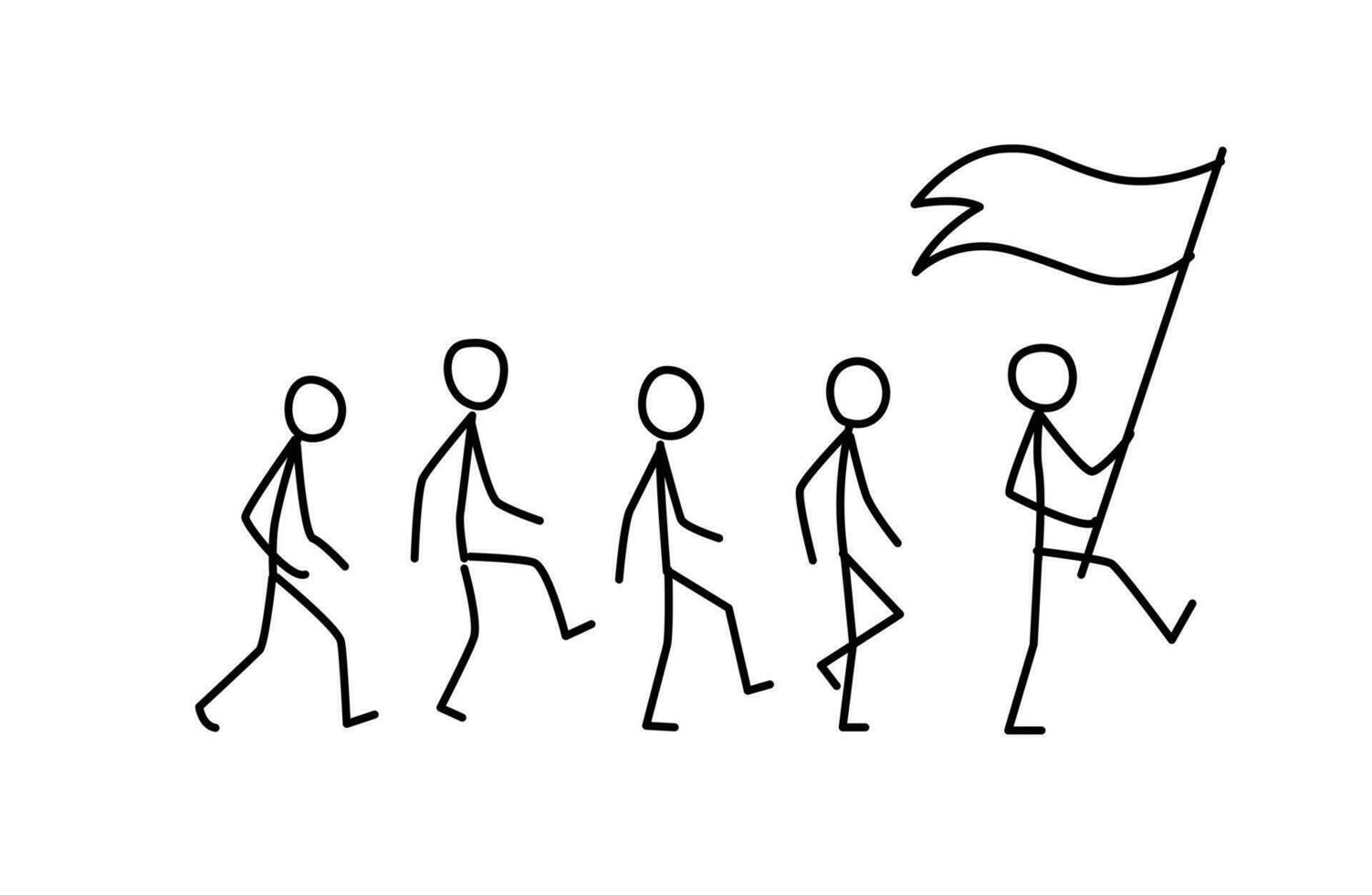 Illustration of the team following the leader. Vector. Way only in front. The flag bearer goes to the goal. Metaphor. Linear style. Illustration for website or poster. vector