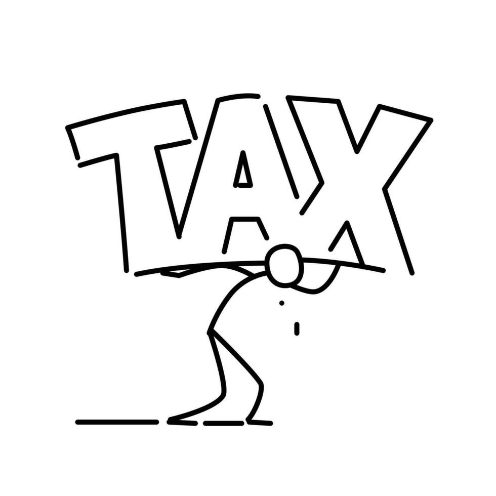 Illustration of a man carrying the burden of tax. Vector. The word tax. Metaphor. Linear style. Illustration for website or presentation. Cargo. Taxes crush business. vector