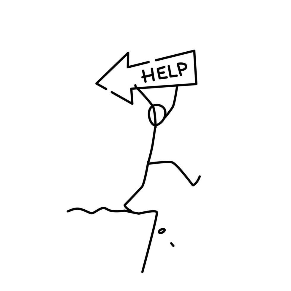 Illustration of a little man going to the abyss. Vector. Cry for help. The path to nowhere, danger near. Metaphor. Linear style. Illustration for website or poster. vector