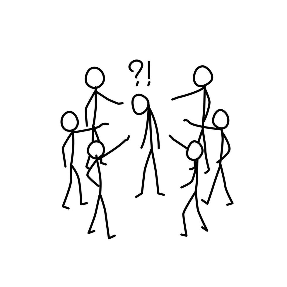Illustration of the persecution of man in society. Vector. People laugh and mock man. Metaphor. Linear style. Illustration for website or poster. vector