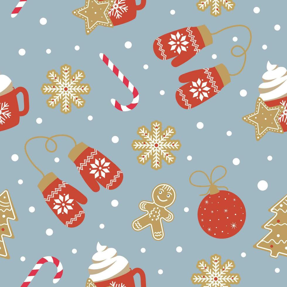 Cute Christmas and New Year vector illustration. Seamless pattern with snowflakes, cup of cocoa, mittens, candies, gingerbread man, Christmas toys and fir trees.