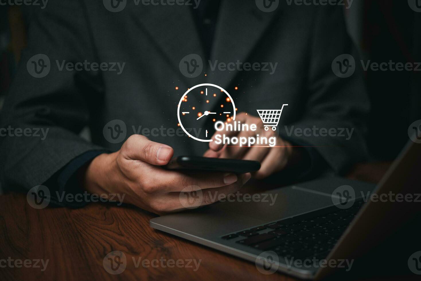 concept nonstop service online shopping available 24 7.businessman hand holding a virtual 24 7 symbol, along with a clock worldwide. round the clock accessibility for customer service and support photo