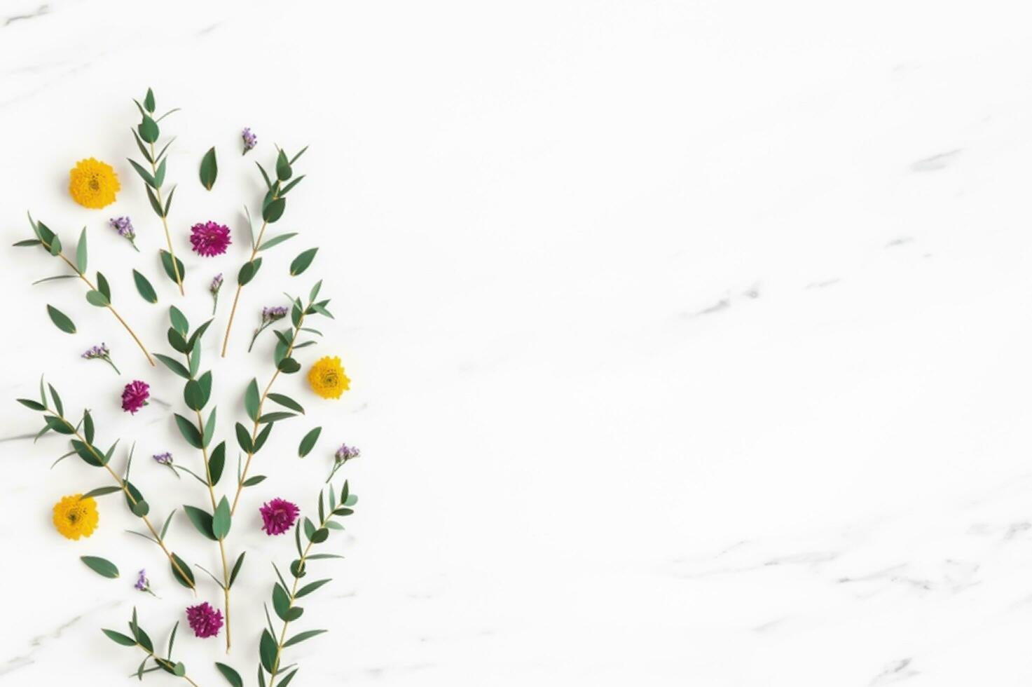 Christmas composition. Fir tree branches, red decorations on gray background, Flowers composition. White and purple flowers on marble background, Eucalyptus leaves, winter, top view. Christmas gift. photo