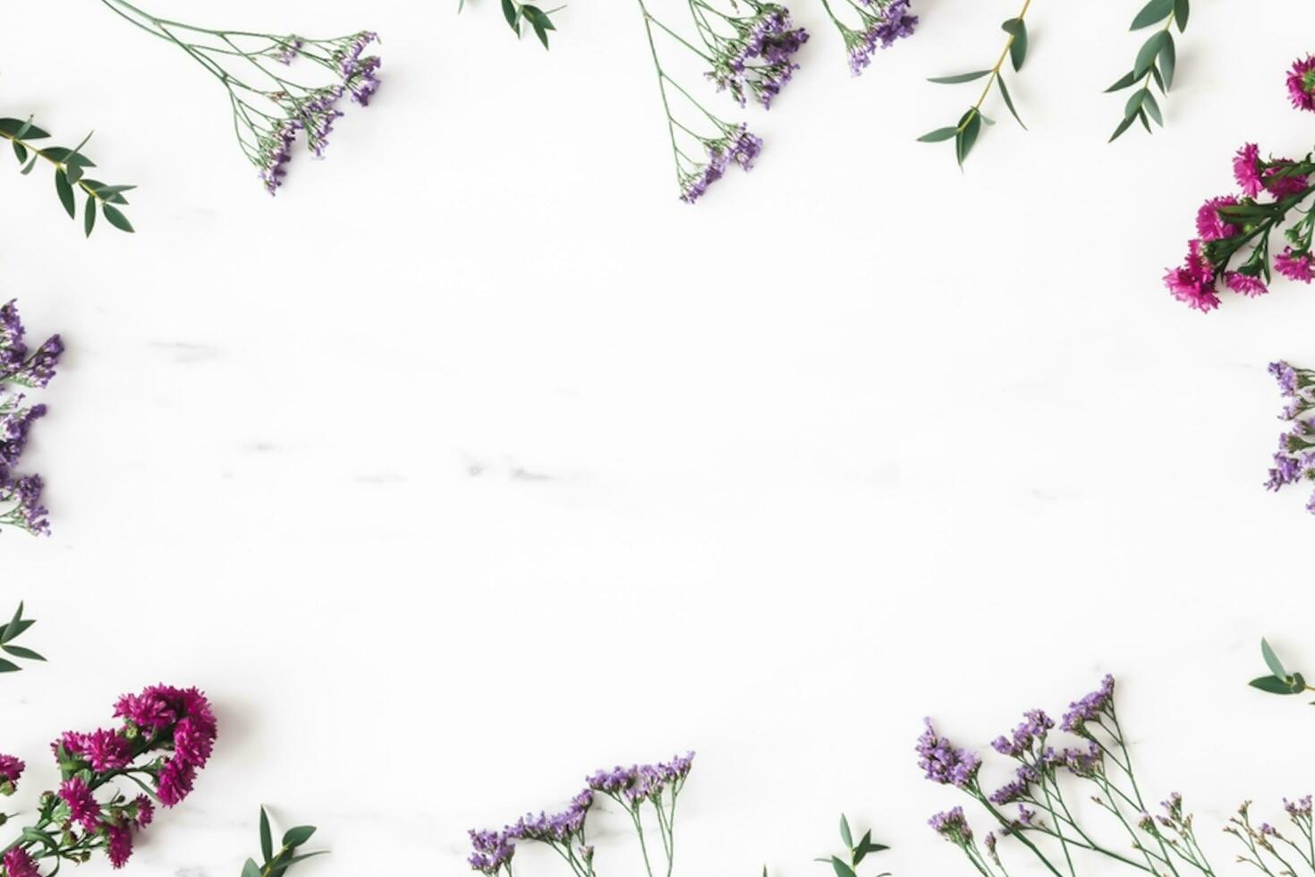 Christmas composition. Fir tree branches, red decorations on gray background, Flowers composition. White and purple flowers on marble background, Eucalyptus leaves, winter, top view. Christmas gift. photo