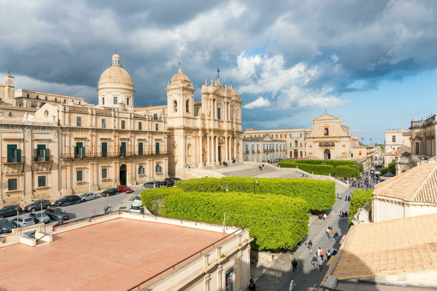 Noto,Italy-May 8, 2022-View of the beautiful Cathedral of Noto from the terrace of the church of Santa Chiara during a sunny day photo
