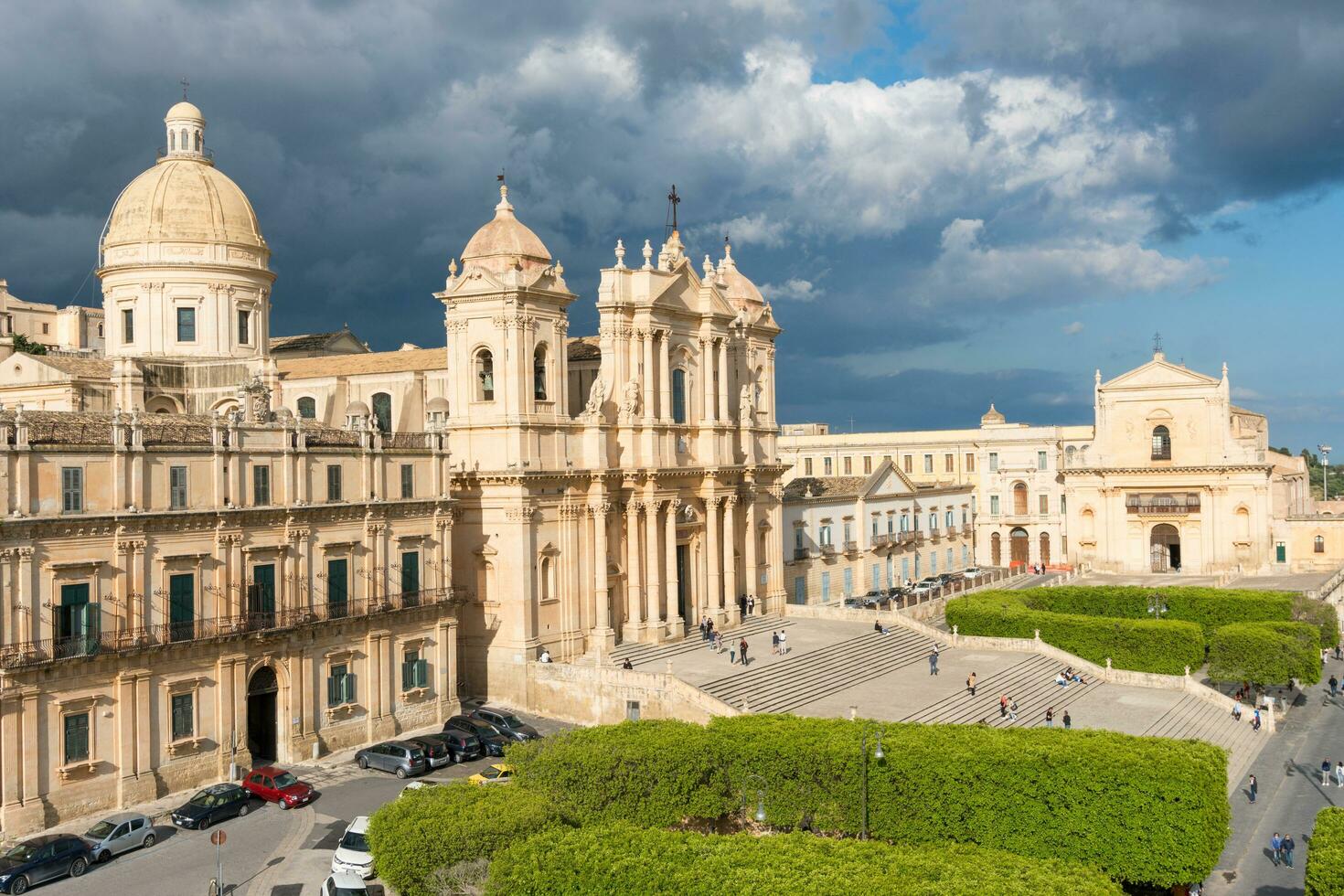 Noto,Italy-May 8, 2022-View of the beautiful Cathedral of Noto from the terrace of the church of Santa Chiara during a sunny day photo