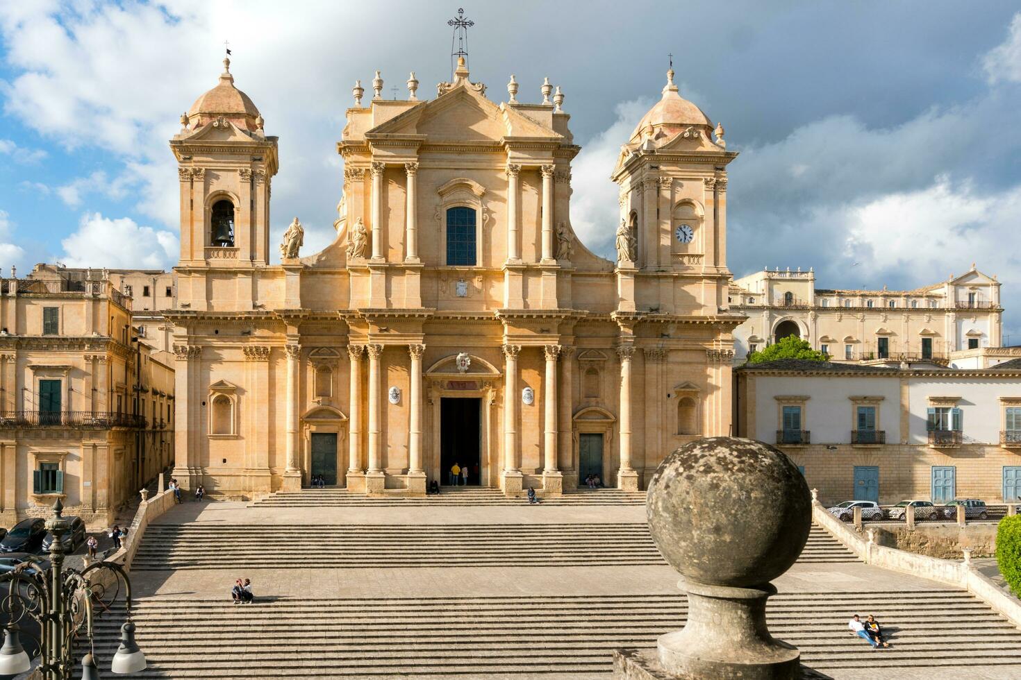 Noto,Italy-May 8, 2022-View of the beautiful Cathedral of Noto from the terrace of the Palazzo Ducezio during a sunny day photo