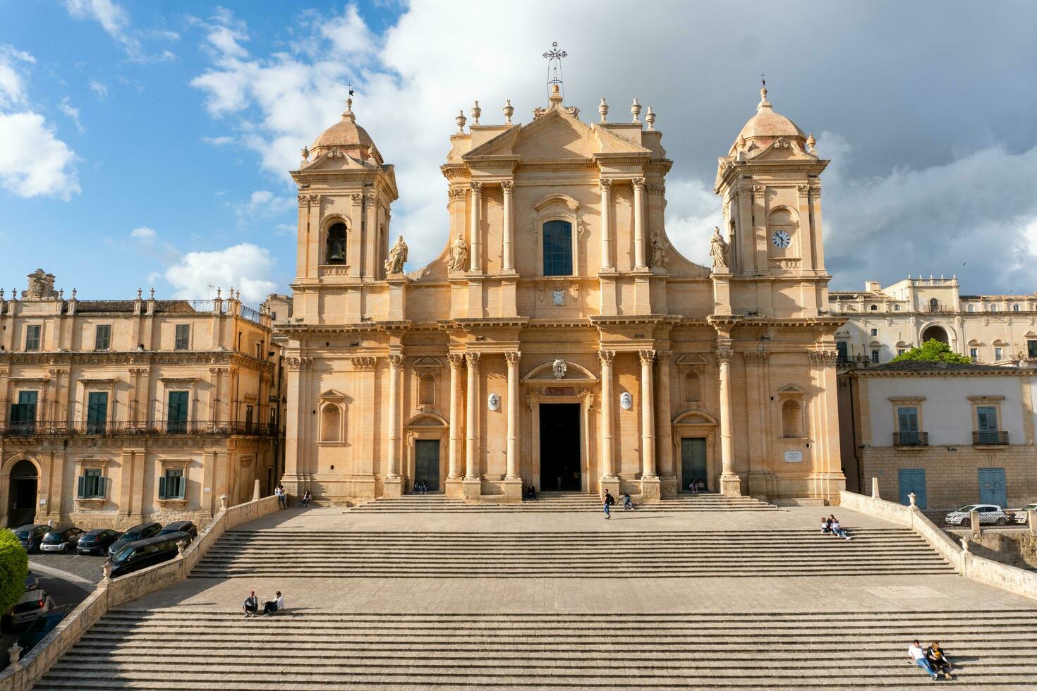 Noto,Italy-May 8, 2022-View of the beautiful Cathedral of Noto from the terrace of the Palazzo Ducezio during a sunny day photo