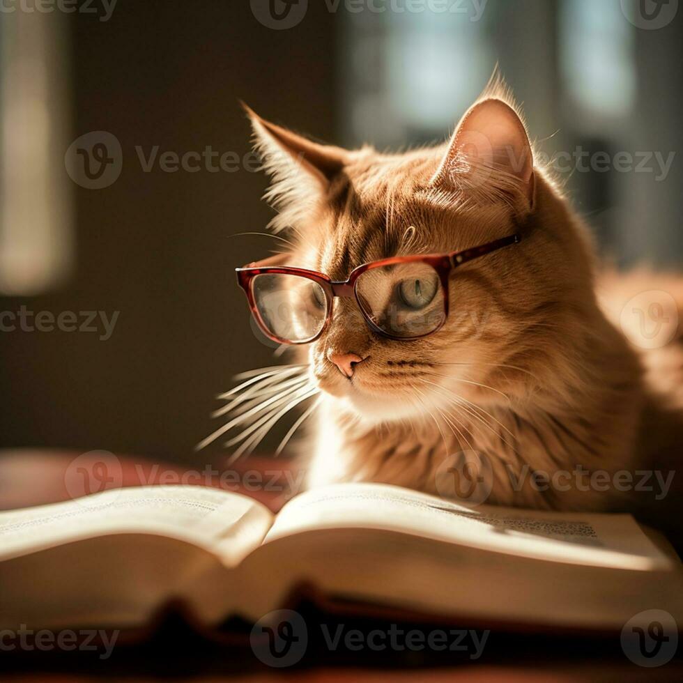 photo of a beautiful cat with glasses reading a book AI Generative