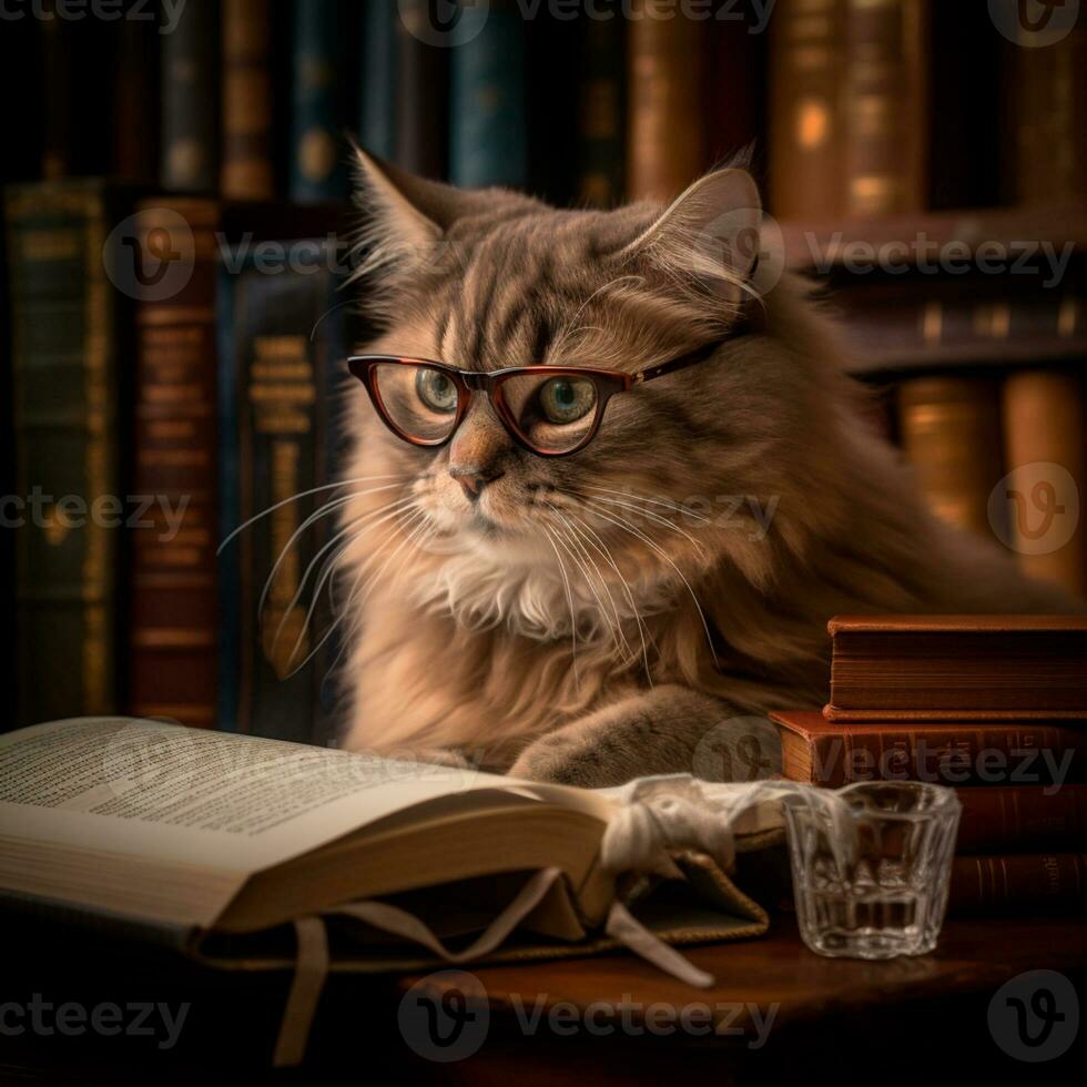 foto de un hermosa gato con lentes leyendo un libro ai generativo