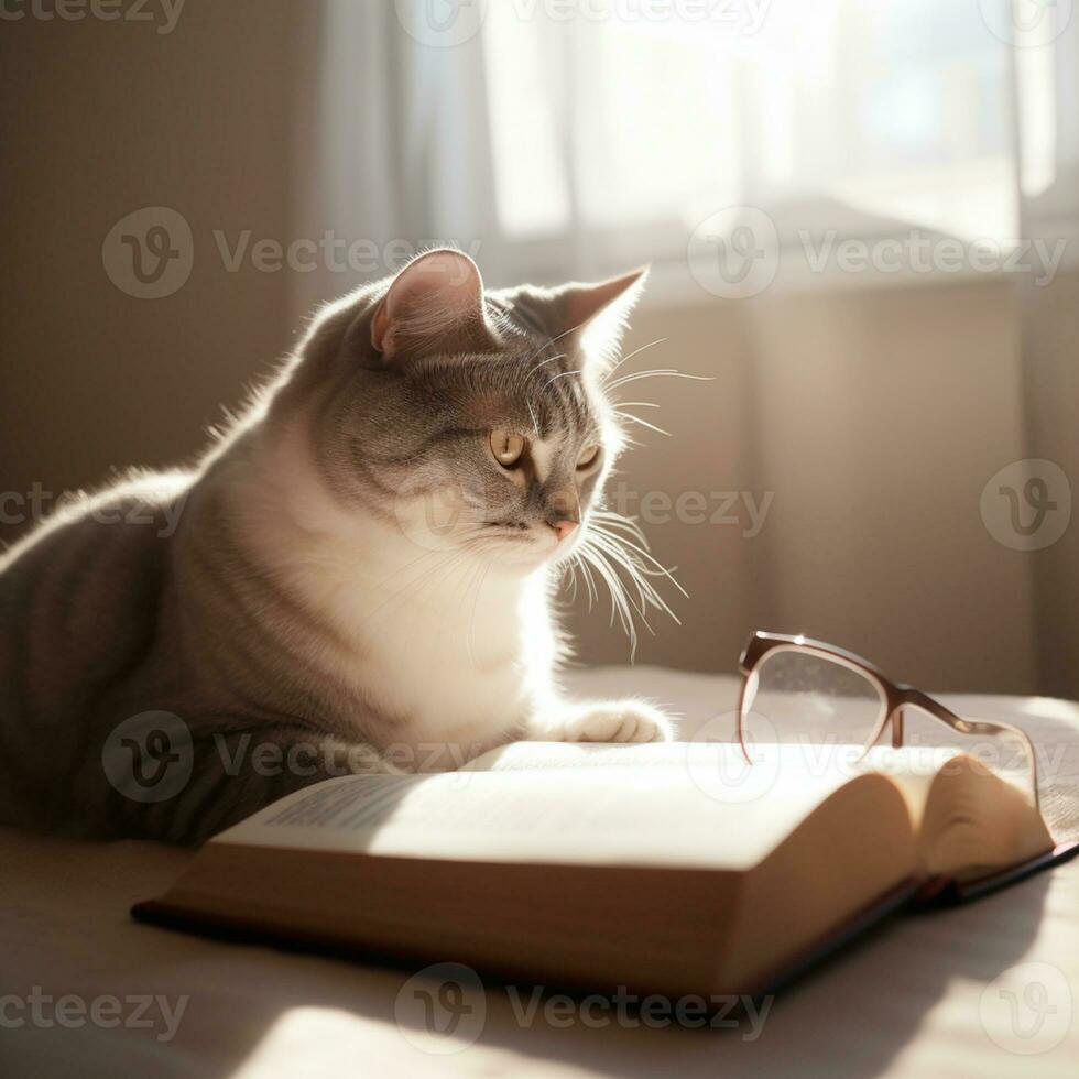 photo of a beautiful cat with glasses reading a book AI Generative