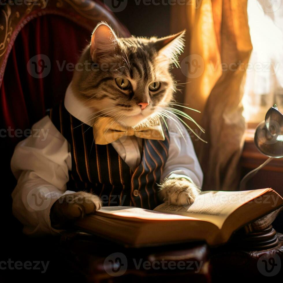 photo of a beautiful cat with glasses reading a book AI Generative