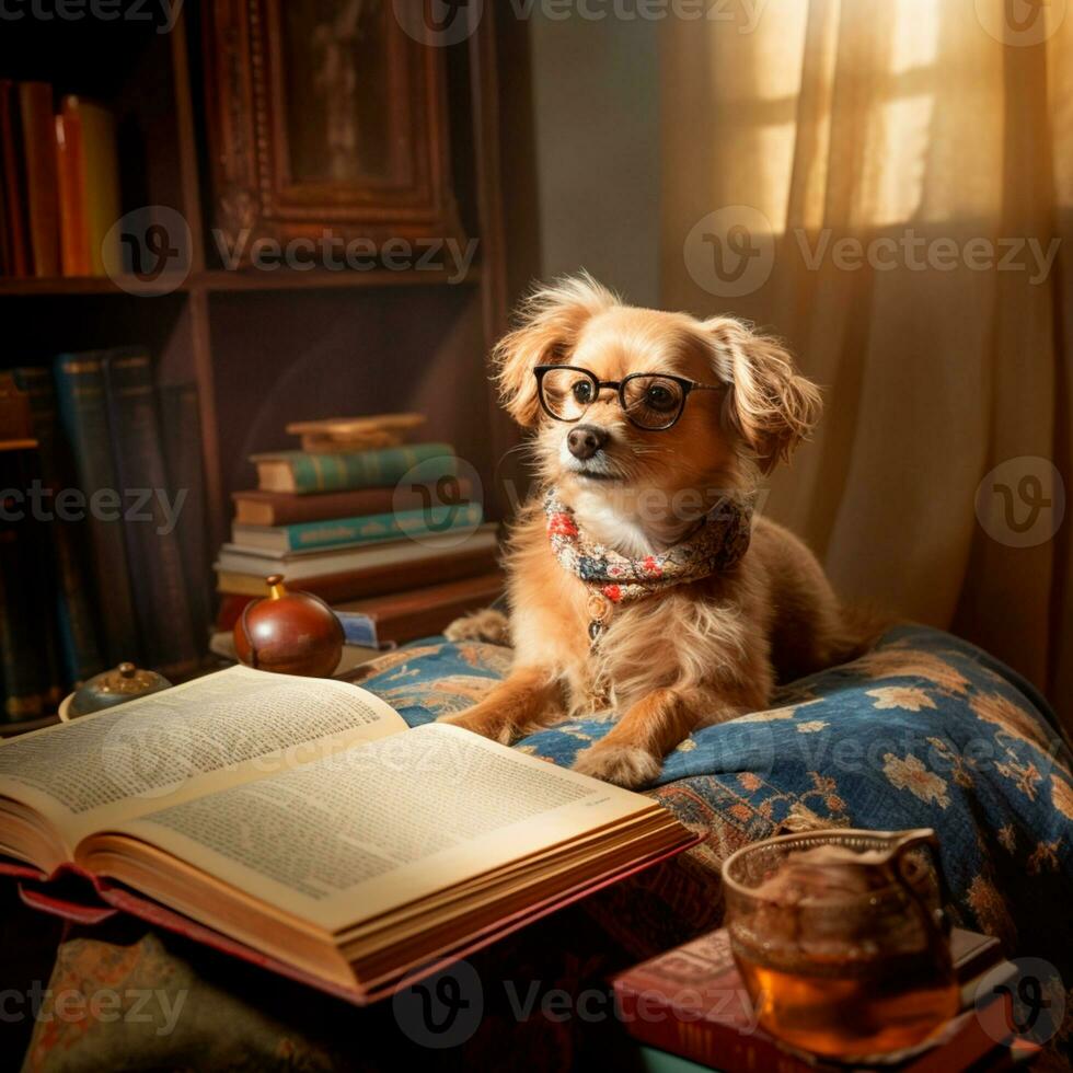 foto de un linda perro con lentes leyendo un libro ai generativo