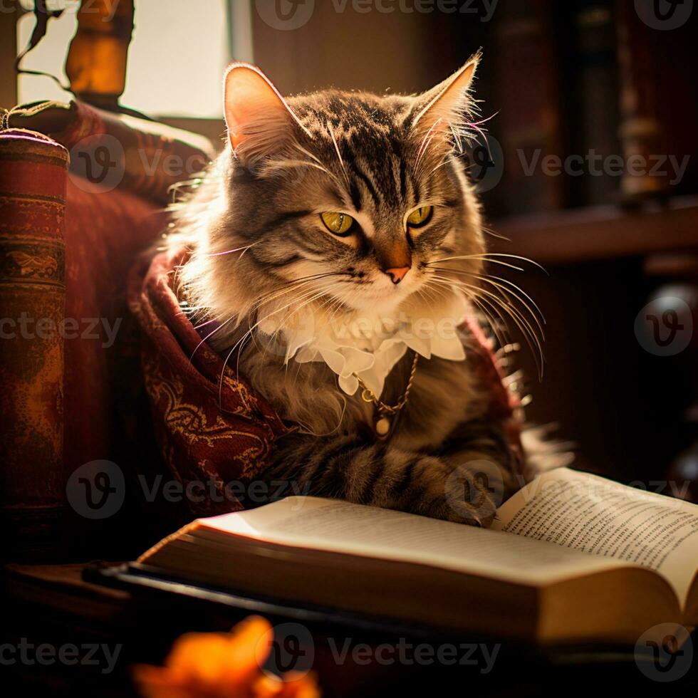 photo of a beautiful cat with glasses reading a book AI Generative