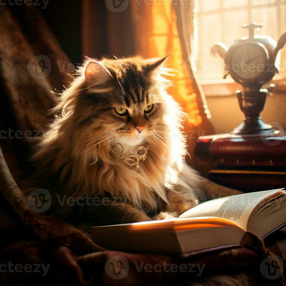 photo of a beautiful cat with glasses reading a book AI Generative