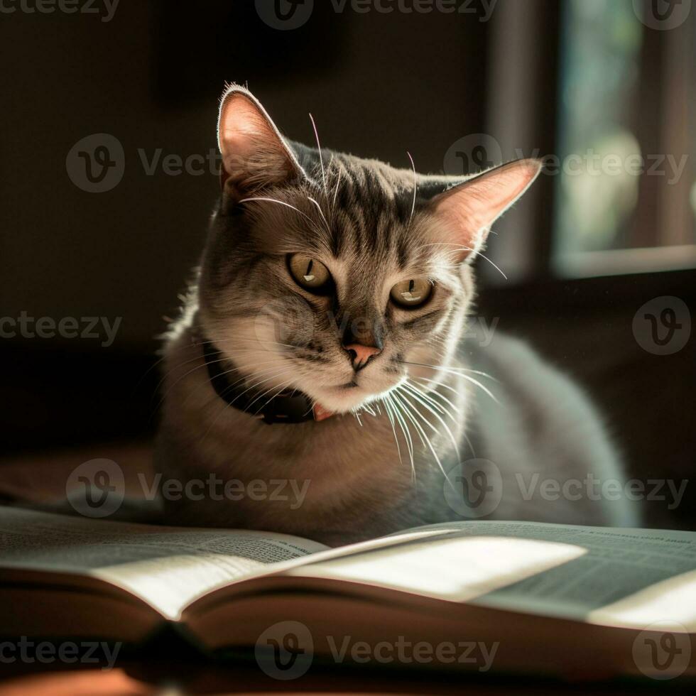 photo of a beautiful cat with glasses reading a book AI Generative