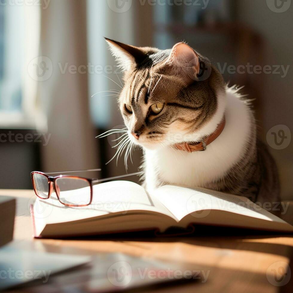 photo of a beautiful cat with glasses reading a book AI Generative