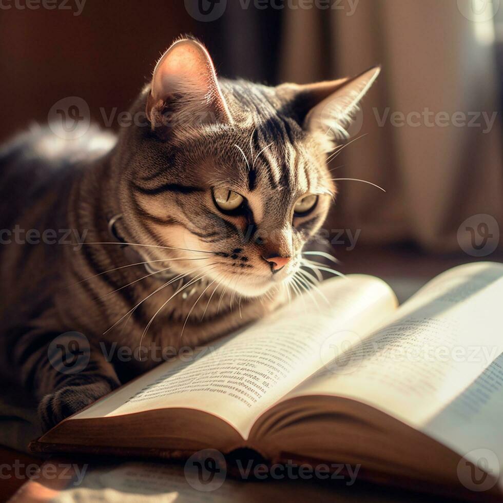 photo of a beautiful cat with glasses reading a book AI Generative