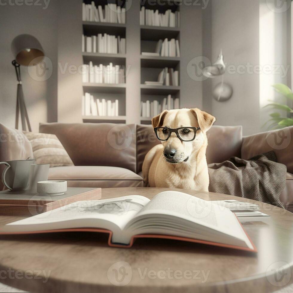 foto de un linda perro con lentes leyendo un libro ai generativo