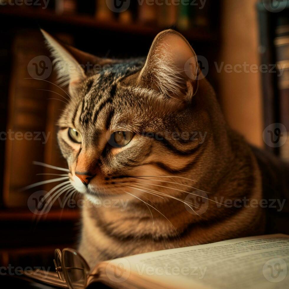 photo of a beautiful cat with glasses reading a book AI Generative