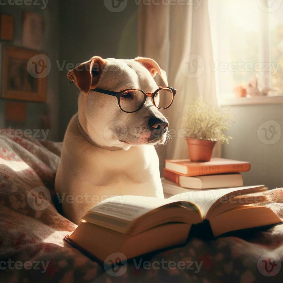 photo of a cute dog with glasses reading a book AI Generative