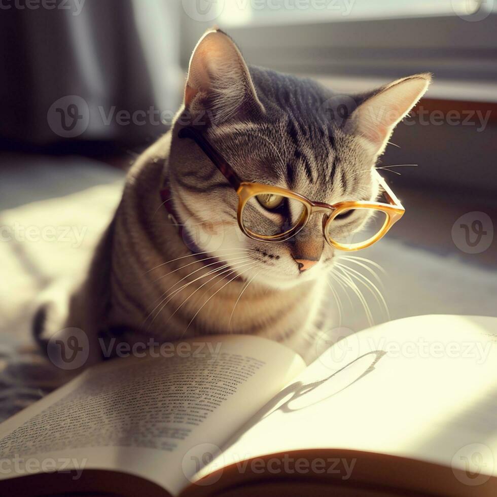 photo of a beautiful cat with glasses reading a book AI Generative